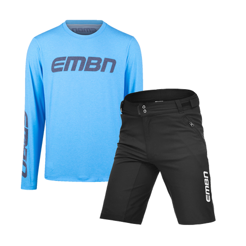 Pacchetto t-shirt tecnica blu a maniche lunghe EMBN e pantaloncini